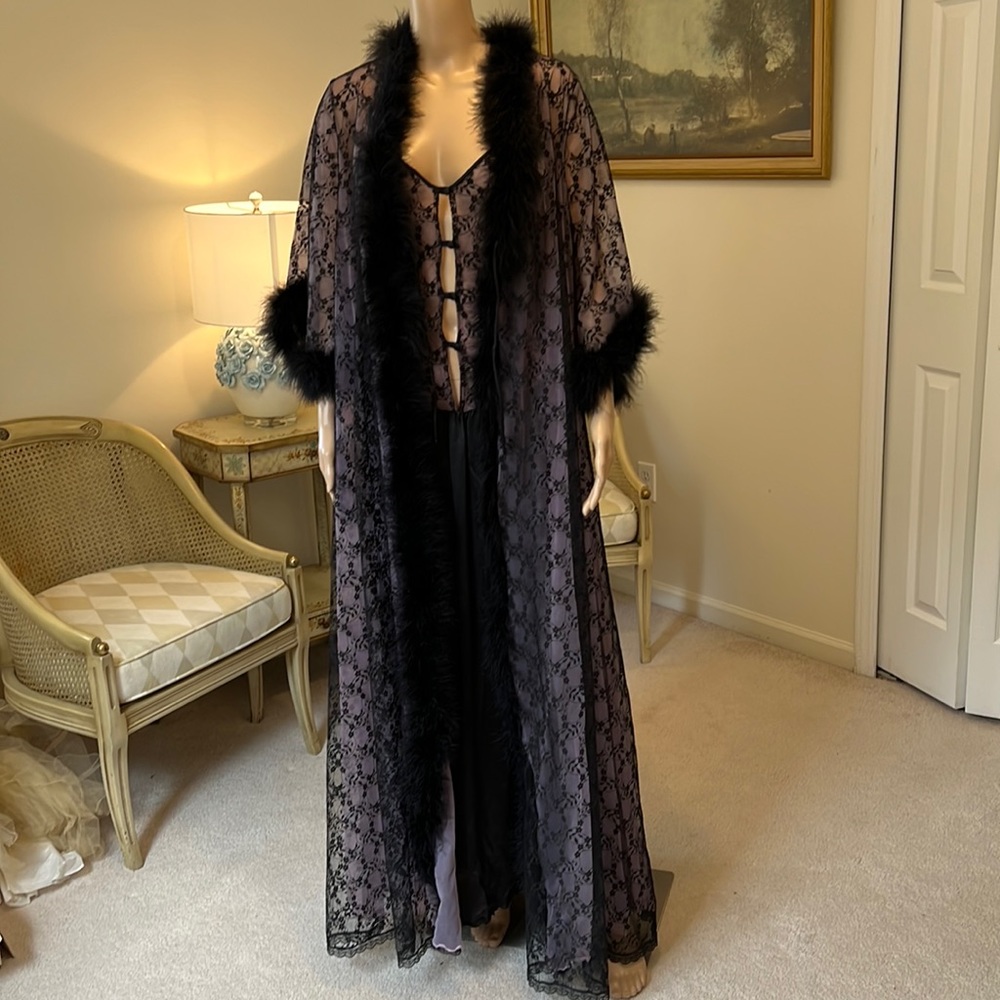 Fabulous Vintage Jenelle of California Lingerie Set, Gown/Jacket with Feathers L